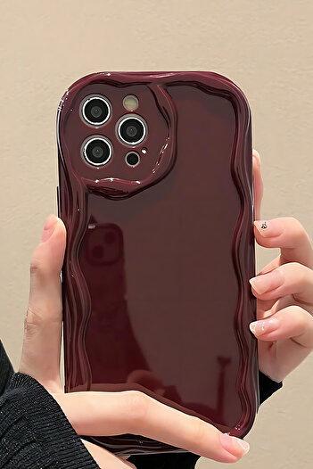 Fibaks Apple iPhone 15 Pro Compatible Case with Camera Protection Wave Edge Shock Absorbing Burgundy Silicone Cover