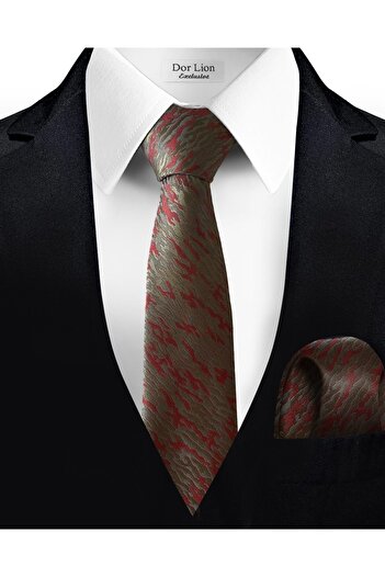 Dor Lion Gray Tie and Handkerchief with Red Pattern - 7 cm