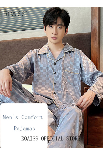 ROAISS 2-Piece Set Men's Long Sleeves Sleepwear Sets Satin Checked Printing Sleepwear Pajamas Pants Silk Ni