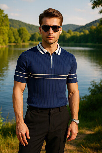 Pobudo Navy Blue Color White Striped Zipper Detailed Polo Neck Men's Knitwear T-Shirt