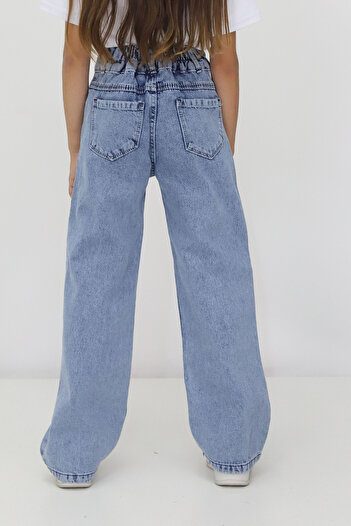 CMC Jeans Kız Çocuk Kot Likrasız Yıldız Desenli Bel Lastikli % 100 Pamuk Geniş Paça Yıldızlı Denim