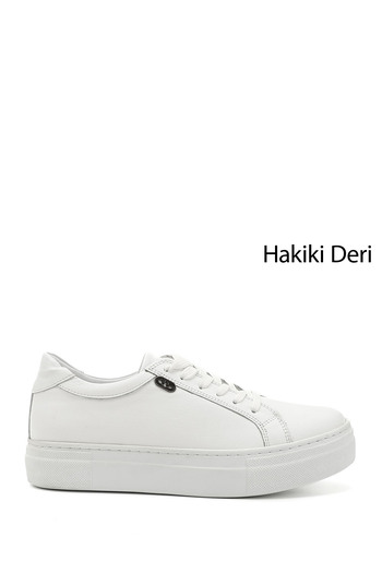 GÖNDERİ(R) Women's White Lace-Up Padded Sole Genuine Leather Sneakers