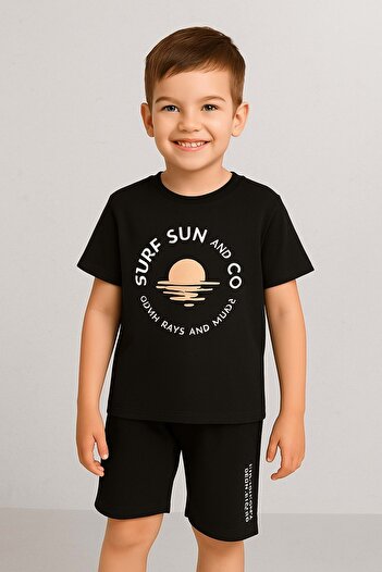 wakawakakidsstore Surf Sun and Waves" Printed Gray T-Shirt and Black Shorts Boys Casual Set - Smoked