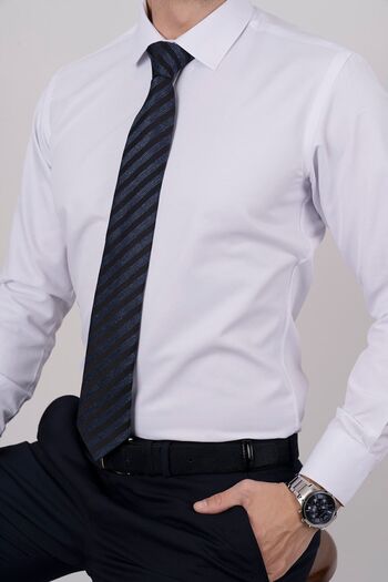 Etikmen White Satin & Navy Blue Stripe Patterned Tie Set with Gift Box