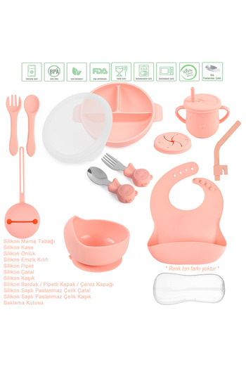 jojobebek Pink Silicone Feeding Set - Vacuum Food Plate, Bowl, Bib, Fork-Spoon, Cup