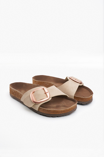 Blyss Women's Slippers Beige Nubuck Leather Skin Summer Single Buckle Adjustable Stylish Daily Slippers