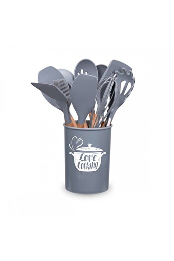 KRASINO Love cooking by Krasino kitchen utensil set, gray, silicone, wood, metal, 12 pieces
