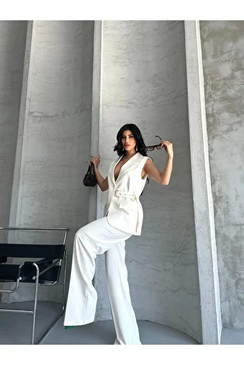 MYGİYİMİSTANBUL Belt Detail Vest Loose Pant Suit-Women's Suit