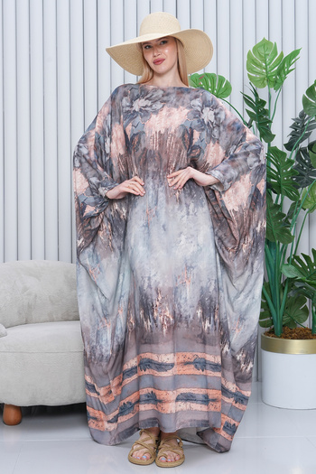 EMY TEKSTİL Women's Patterned Oversize Long Viscose Dress Gray