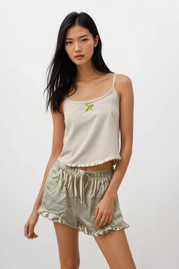 Ecrou Women's Green Bow Patterned Rope Strap Top Shorts Pajama Set