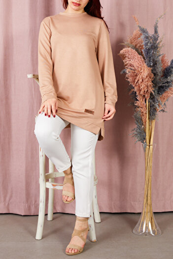 DPARİS Crew Neck Basic Ribbed Tunic with Side Slits