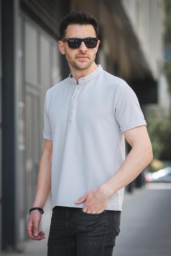 Oksit Cole Slim Fit Stretchy Lycra Half Button Short Sleeve Judge Collar Men's Shirt