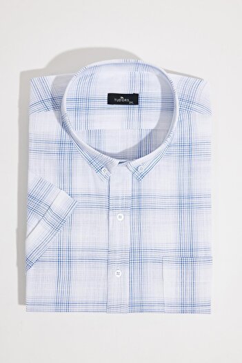 Tudors Men's Plus Size Lapel Button Checked Linen Effect Short Sleeve Shirt