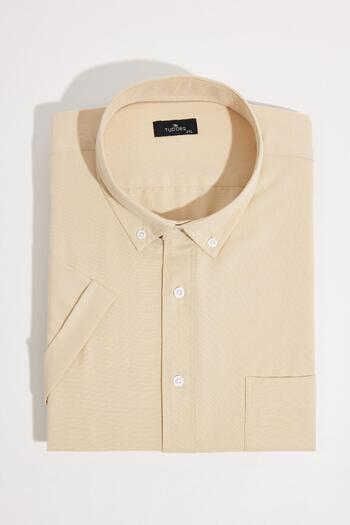 Tudors Men's Plus Size Short Sleeve Lapel Button Cotton Pocket Plain Beige Shirt