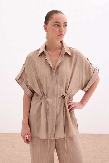 Sateen Waist Drawstring Detailed Shirt - Camel