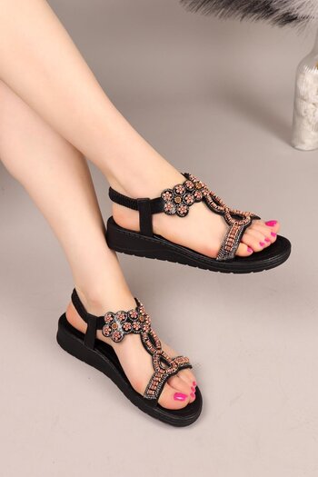 Birikon Derla Wooden Floral Beaded Sandals Black