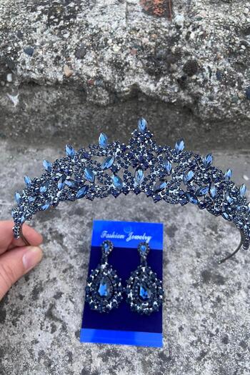 Hobigram Clara Navy Blue Bridal Henna Crown Special Day Accessory Women's Crown and Drop Shuttle Earring Set
