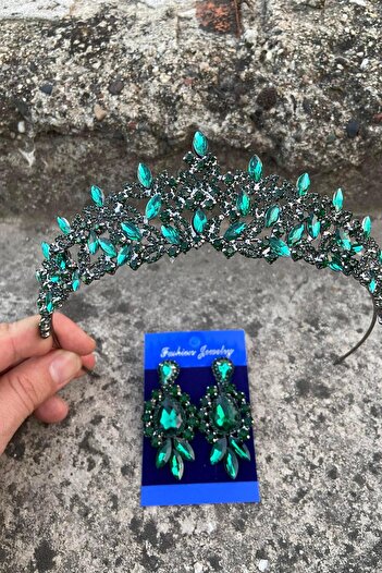 Hobigram Clara Green Bridal Henna Crown Special Occasion Accessory Women's Crown and Three Shuttle Earrings Set