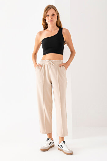 naymanlife Women's Beige Balloon Pattern Striped Modal Soft Textured Lycra Trousers with Elastic Waist
