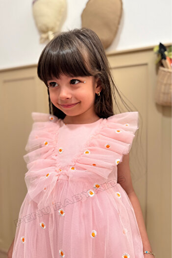 penu baby kids Pembe Önden Fırfırlı Nakışlı Papatyalı Kız Çocuk Kız Bebek Elbise