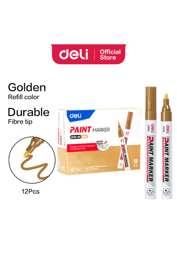 Deli EU500-GD Paint Marker, Golden, 2.0mm, 12PCS – For Metal, Glass, Plastic & Stone
