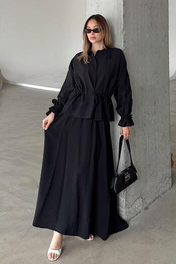 Olcay Gathered Detailed Skirt Jacket Modal Suit Black 9347-Tk