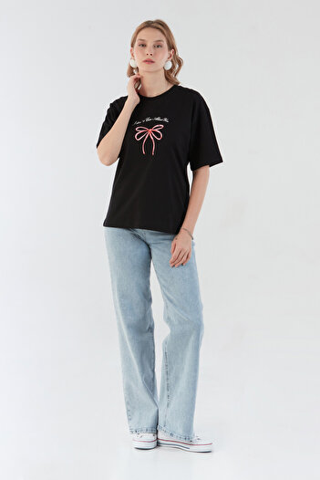 Fulla Moda Μπλουζάκι Oversize με κορδέλα και στάμπα με κείμενο