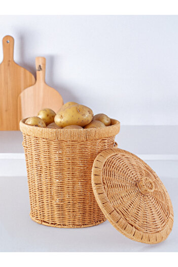 Vadi 3-Piece Wicker Potato Onion Basket |   Kitchen Set with Lid and Rattan Look