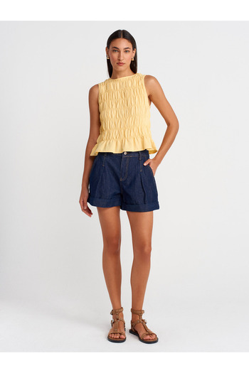 Dilvin 71990 Pleated Denim Shorts with Curly Legs-Navy Blue