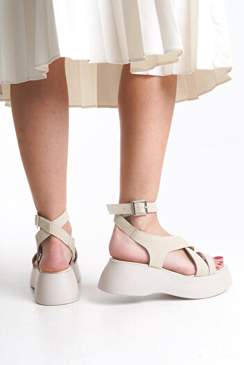 Limeo Suede High Sole Cross Thick Striped Women's Wedge Heeled Summer Sandals