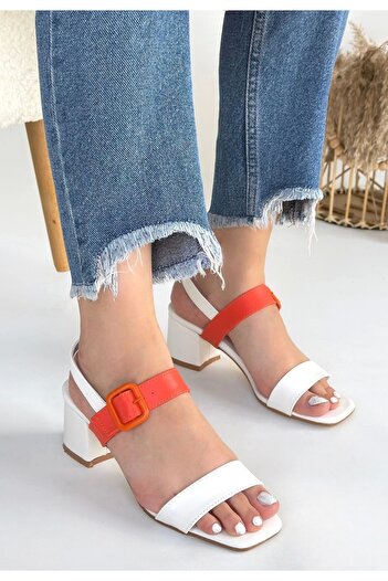 Erbilden Year White Skin Orange Detailed White Heeled Shoes