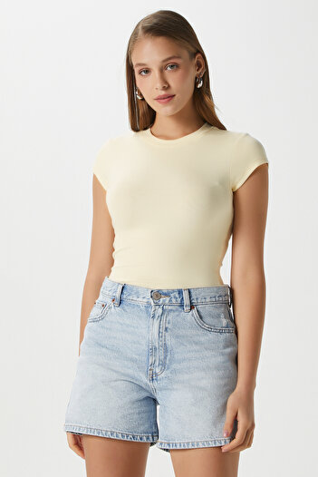 Ritnice Women's Iner Lux Touch Soft Texture Crew Neck Short Sleeve Butter Yellow Blouse