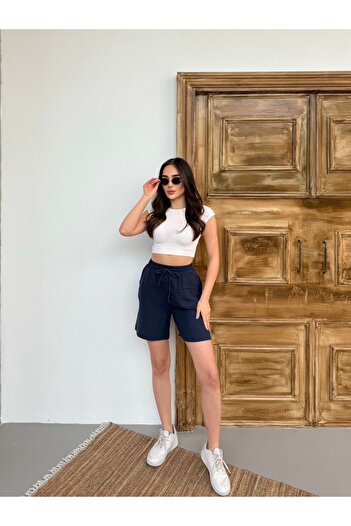 Ozy Fashion Темно-синій, мусліновий матеріал, з кишенями, на талії на резинці, жіночі шорти середньої довжини, літні шорти