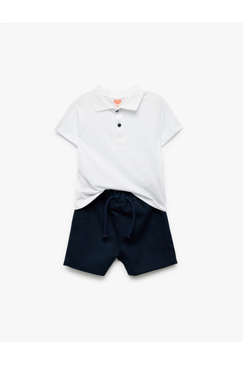 Koton Cotton Short Sleeve Polo Neck T-Shirt and Waist Lace-Up Shorts Set