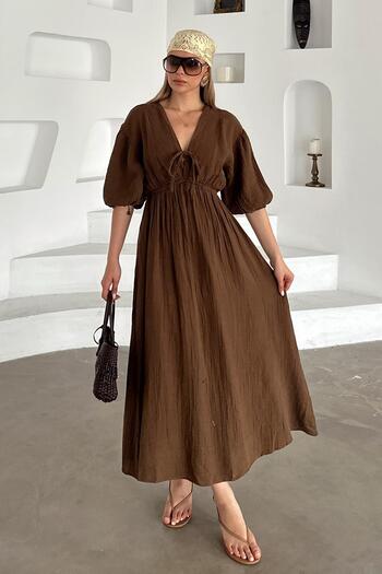 Olcay Elastic Waist Lace Detailed Half Sleeve Muslin Dress Brown 9331-E