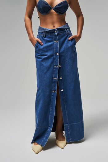its basic Fusta de damă de culoare albastră 1s5-5 lungime maxi cu nasturi în față cu detaliu de centură 100% bumbac design denim