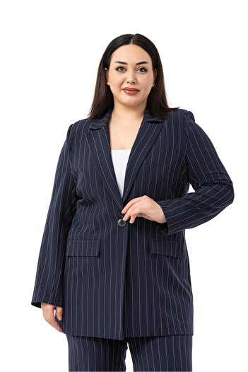DISENTIS MODEST Plus Size Striped Navy Blue Jacket Pants Double Suit