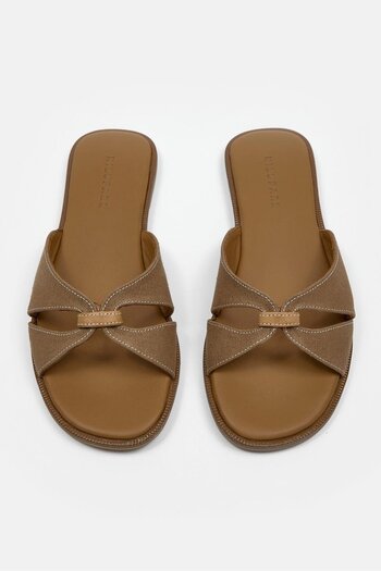 NILUFARR Marbelys Tan Linen Genuine Leather Women's Slippers