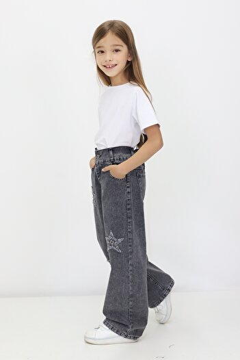 CMC Kız Çocuk Kot Likrasız Boru Paça Yıldız Desenli Bel Lastikli %100 Pamuk Yıldızlı Denim