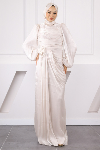 İmajButik Stone Front Draped Rose Detailed Evening Dress
