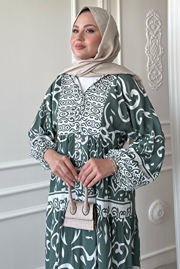 InStyle Kıvrımlı Sarmal Desen Yeşil Viskon Elbise