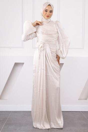 İmajButik Stone Front Draped Rose Detailed Evening Dress