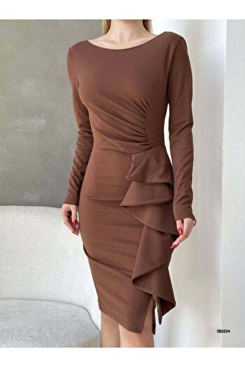 Modafeminen Crew Neck Long Sleeve Flywheel Detail Imported Crepe Fabric Dress 582634 Brown