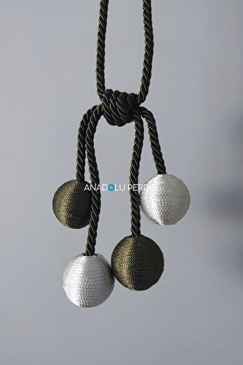 GLOMAR Fon Curtain Tie 4 Balls Cream - Khaki Green Ceiling Luxury Cornice Braçol Single Piece Accessory Curtain Holder