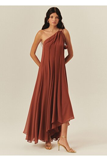 Exquise A-Line Pleated Brown Dress with Tie Detail