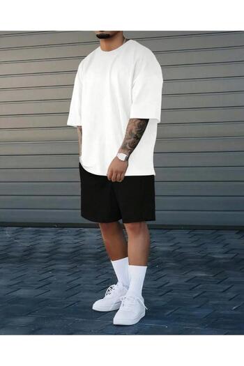 khufu Unprinted Oversize Mold White T-Shirt and Black Shorts Double Set Unisex