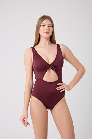 enmodaiçgiyim Burgundy Ribbon Detailed Thick Strap Women's Swimsuit
