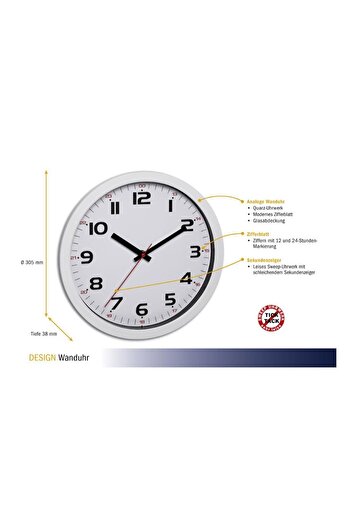 TFA Silent analog wall clock, with glass cover, large digits, white, 60.3050.02