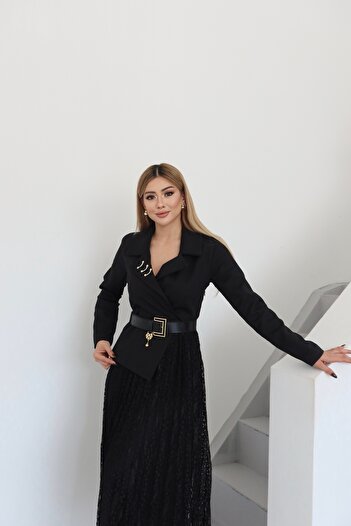 1Moda1Tarz Women's Imported Fabric Collar Accessory Detail Belted Bottom Guipure Special Design Dress