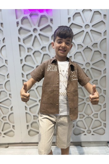 KUMRUNUN DÜNYASI Brown Shirt Short Sleeve T-Shirt and Cream Shorts 3-Piece Bottom Top Boy Set